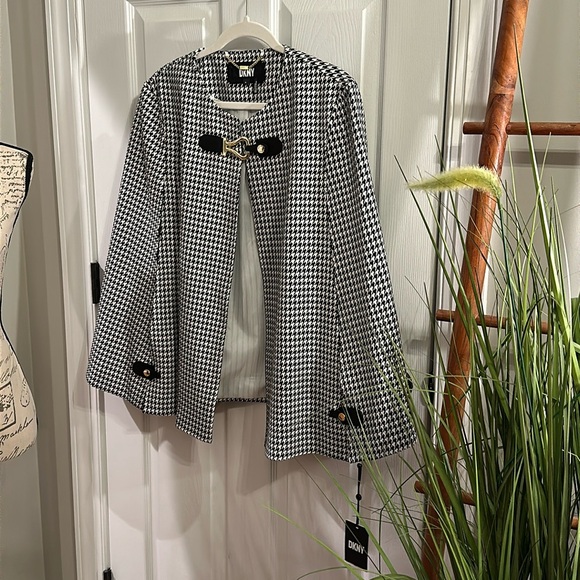 DKNY Women’s Houndstooth Cape-Sleeve Jacket w/Open Front Collarless Detail in XL - Picture 5 of 16